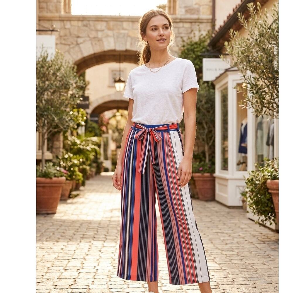 John Paul Richard Wide Leg Pants XL Extra Large Striped Tie Waist Crop Culottes